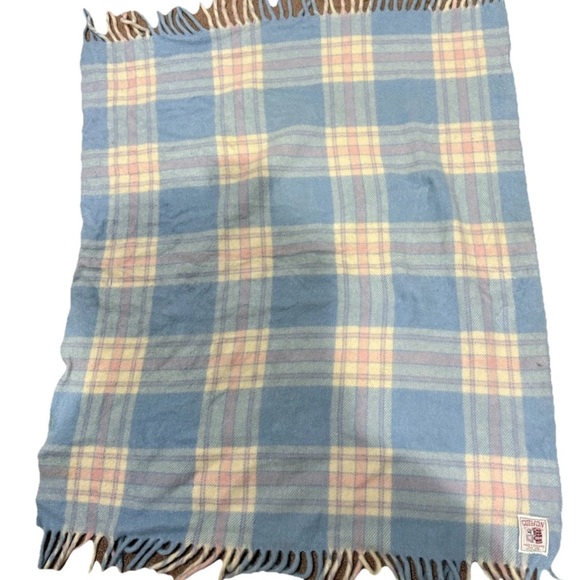 Other - Vintage CURVON Jewel NO. 1 BLANKET 100% Wool Plaid Fringe 42x36” Lap‎ Blue Pink